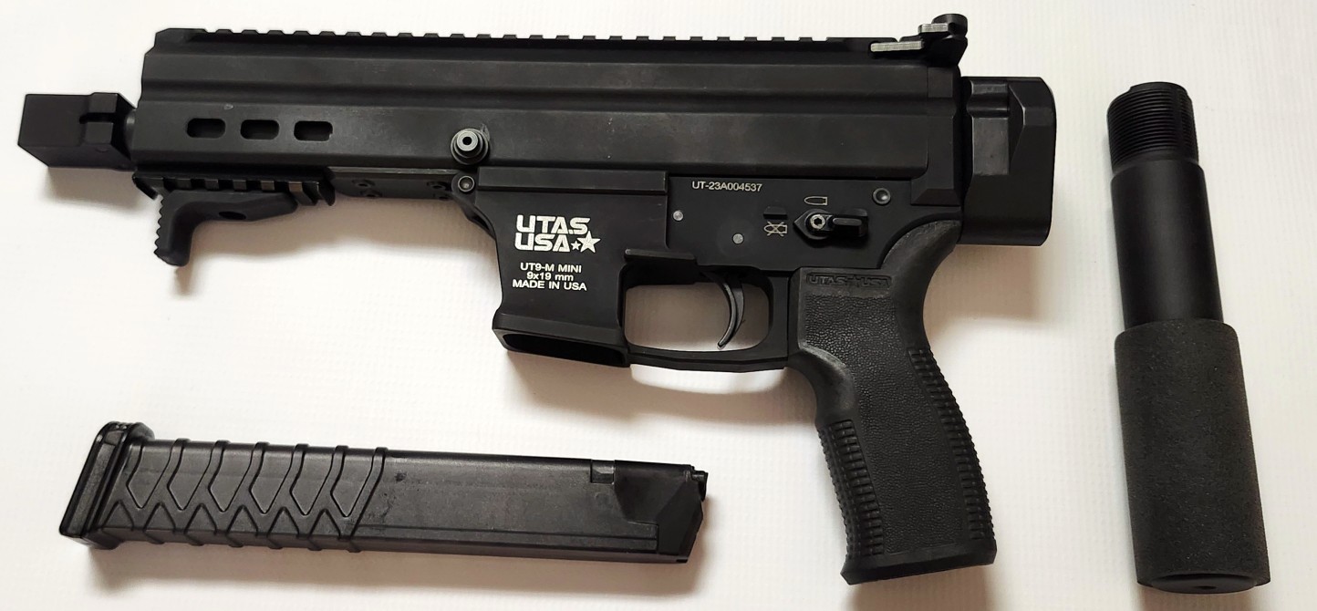 Used UTAS UT9M Semi-Automatic Tactical Pistol 9mm Luger 6" Barrel (1)-33Rd Magazine Muzzle Brake Matte Black Polymer Finish Blemish (Cracked Case)