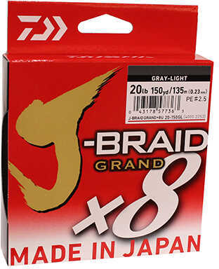 Daiwa J-Braid x8 Grand Braided Line 150 Yards , 20 lbs Tested, .009" Diameter, Light Gray