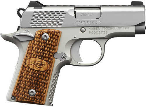 <span style="font-weight:bolder; ">Kimber</span> Micro Raptor Pistol Semi-Auto 380ACP 2.75" Barrel (1)-8Rd Mag Fixed Low-Profile 3-Dot Tritium Night Sights Scaled Zebra Wood Grips Silver Finish