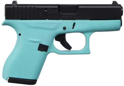 Glock G42 Striker Fired Semi-Auto Pistol .380 Auto 3.26" Carbon Steel Barrel (2)-6Rd Single Stack Magazines White Dot Front & Outline Rear Sights Elite Black Slide Robins Egg Blue Cerakote Finish