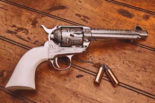 Taylor 1873 Cattlebrand 45 Colt Revolver Nickel Engraved 5.5" Barrel Ivory Grips