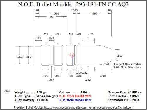 Bullet Mold 4 Cavity Aluminum .293 caliber Gas Check 181 Grains with Flat nose profile type. Designed for use lever