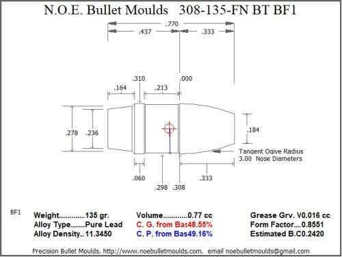 Bullet Mold 3 Cavity Aluminum .308 caliber Boat tail 135 Grains with Flat nose profile type. Designed for use in 30-