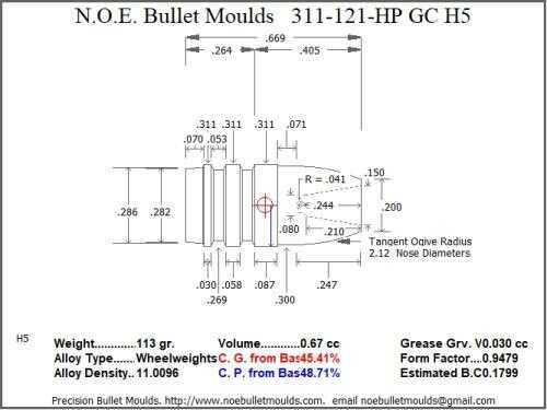 Bullet Mold 2 Cavity Brass .311 caliber Gas Check 121 Grains with a Round Nose profile type. classic desi