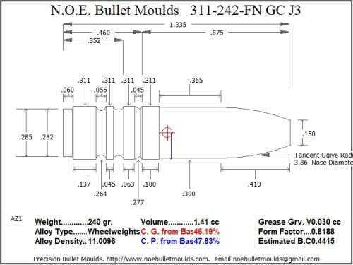 Bullet Mold 2 Cavity Aluminum .311 caliber Gas Check 242 Grains with Flat nose profile type. Designed for use in 300