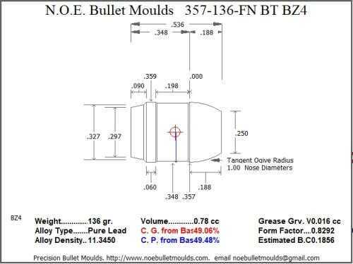 Bullet Mold 4 Cavity Aluminum .357 caliber Boat tail 136 Grains with Flat nose profile type. design for use i