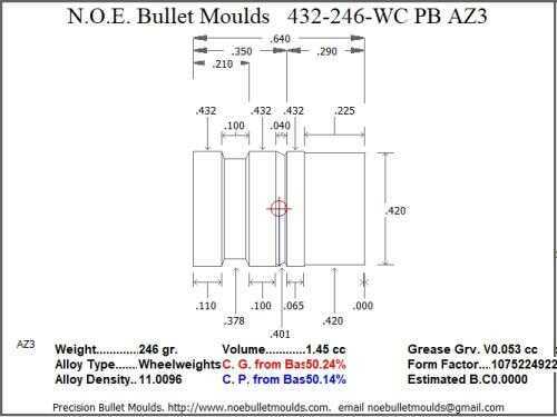 Bullet Mold 3 Cavity Aluminum .432 caliber Plain Base 246 Grains with Wadcutter profile type. for plinki