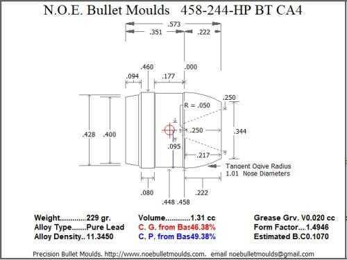 Bullet Mold 2 Cavity Brass .458 caliber Boat tail 244 Grains with a Flat nose profile type. This mould casts an airgun