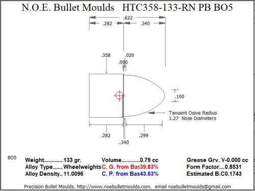 Bullet Mold 3 Cavity Aluminum .358 caliber Plain Base 133 Grains with Round Nose profile type. Designed for Powder