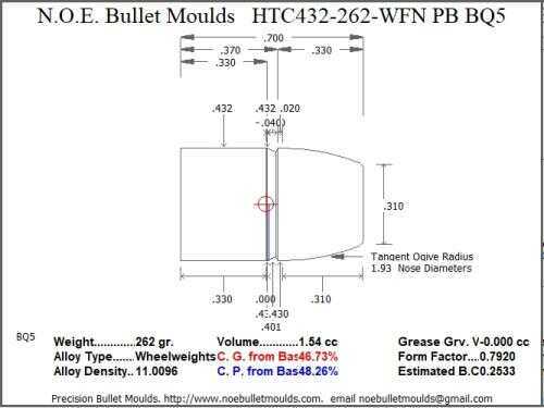 Bullet Mold 3 Cavity Aluminum .432 caliber Plain Base 262 Grains with Wide Flat nose profile type. Designed for Powd