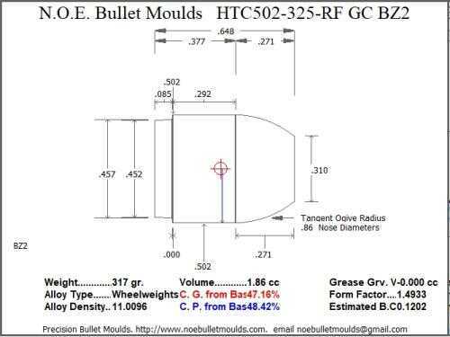 Bullet Mold 4 Cavity Aluminum .502 caliber Gas Check 325 Grains with Flat nose profile type. Designed for Powder coa