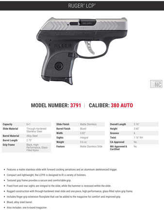 Ruger LCP Semi Automatic Pistol 380 ACP 2.75" Barrel 6 Round Capacity Stainless Steel Slide