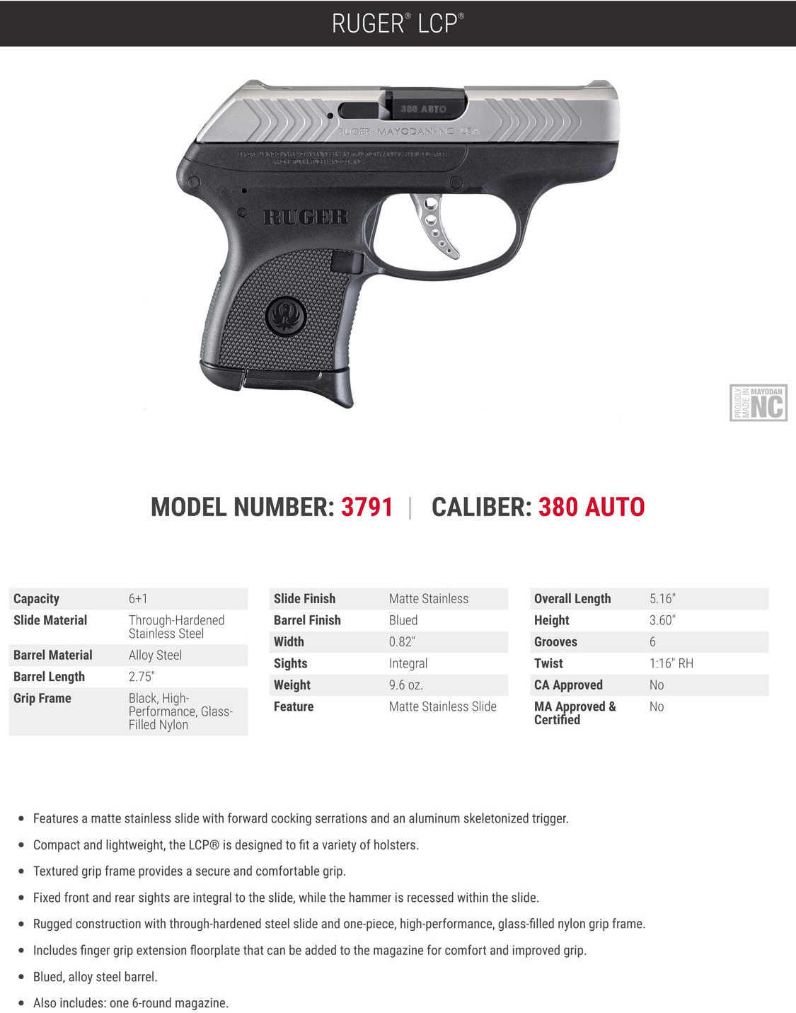 Ruger LCP Semi Automatic Pistol 380 ACP 2.75" Barrel 6 Round Capacity Stainless Steel Slide